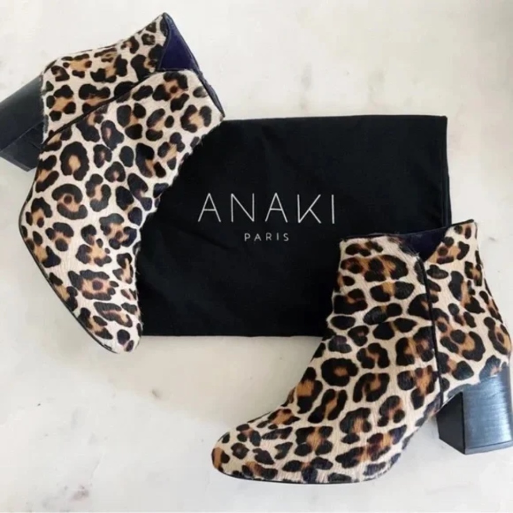 Anaki Paris Jimmy Calf Hair Leopard Print Fur Side Zip Fur Ankle Boots Size 38